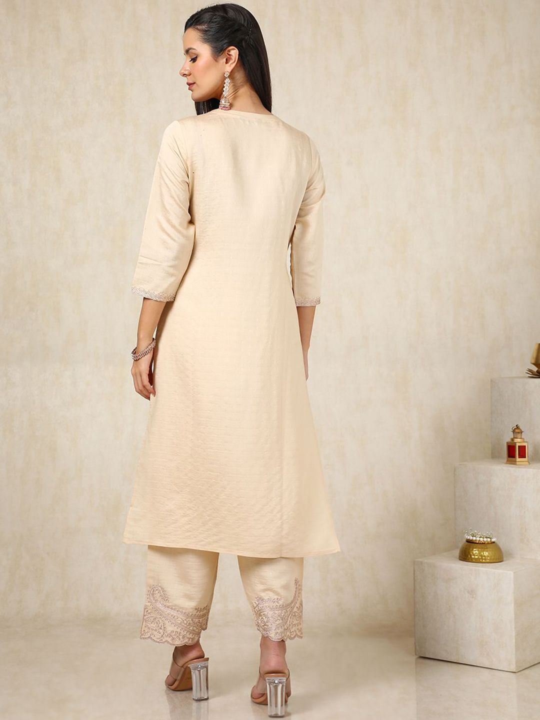 Dhiyona SO Women's Beige Paisley Embroidered Round Neck Regular Straight Kurta With Palazzo