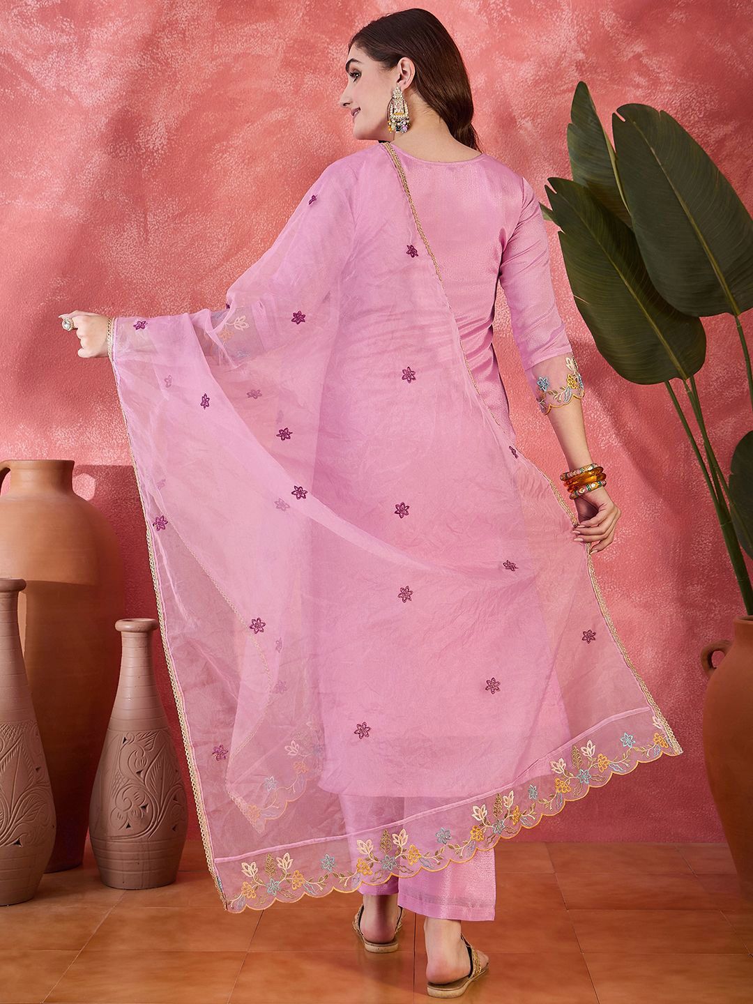 Dhiyona SN Women's Floral Embroidered Round Neck Straight Kurta With Trousers & Dupatta