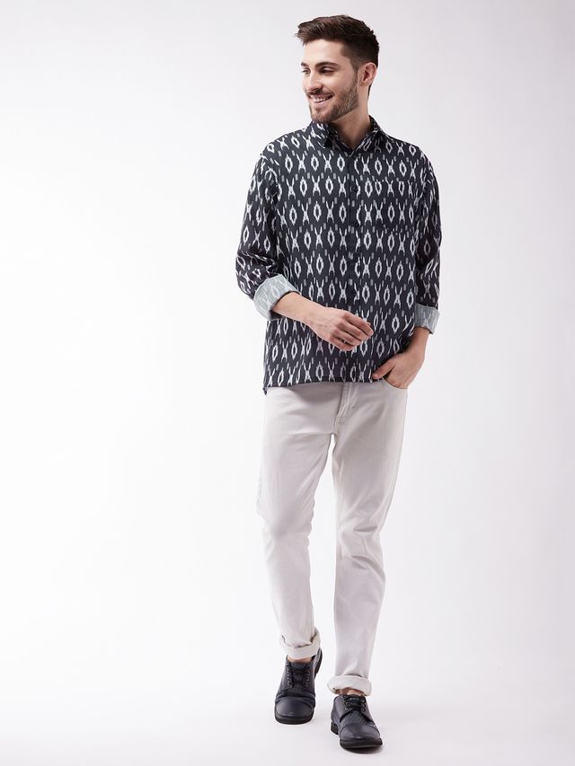 Men's Black Cotton Blend Straight Ethnic Shirt