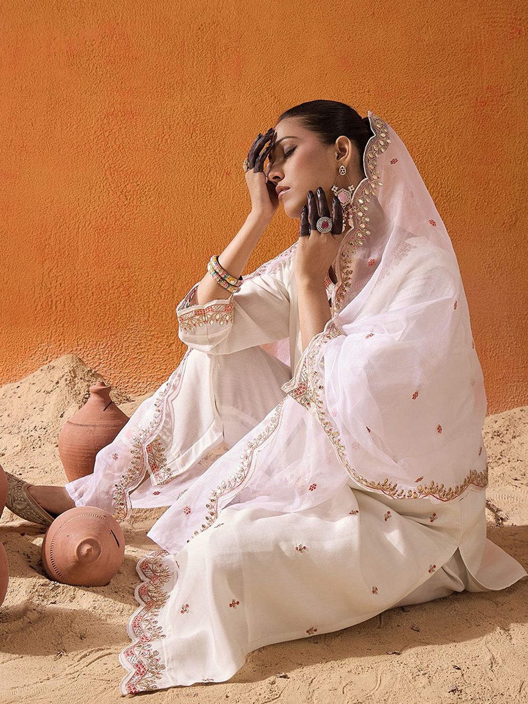 White and Pink Ethnic Motifs Embroidered Gotta Patti Kurta with Trouser & Dupatta