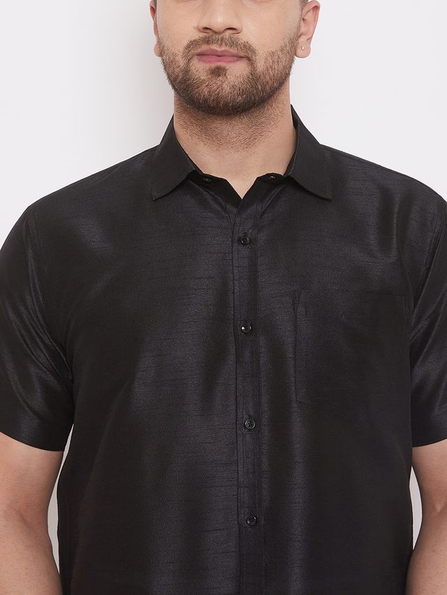 Men's Black Silk Blend Straight Ethnic Shirt
