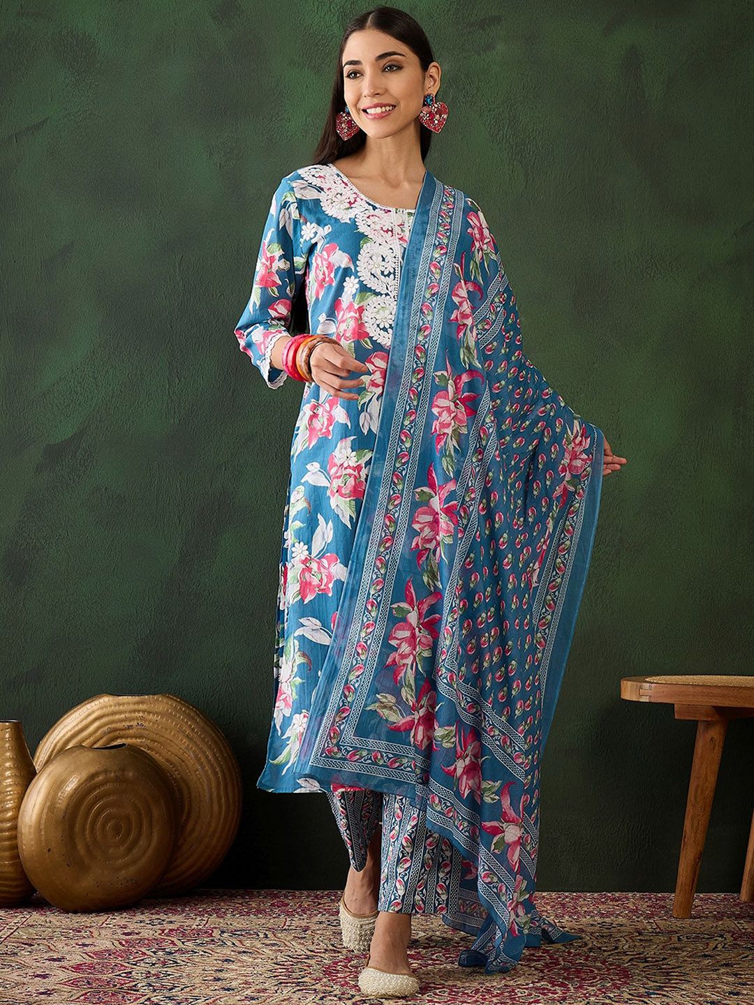 Dhiyona SN Women's Floral Embroidered Pure Cotton Straight Kurta With Trouser & Dupatta