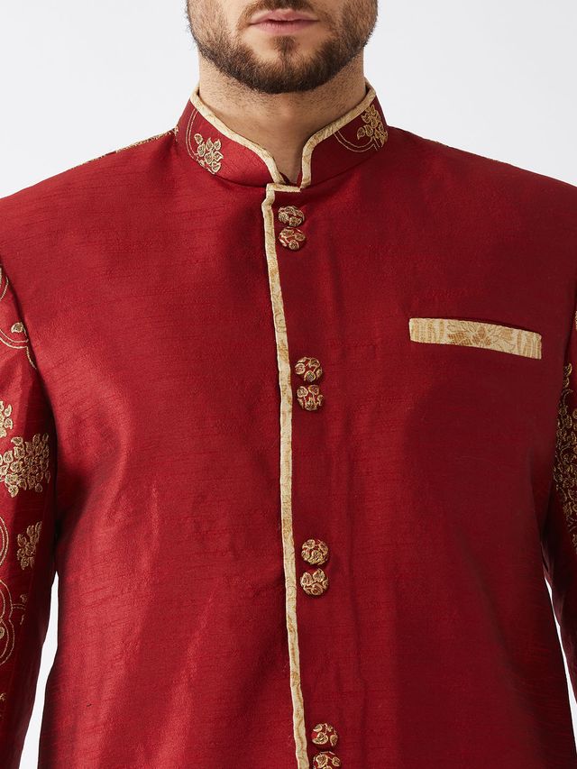 Men's Maroon Silk Blend Regular Sherwani Set
