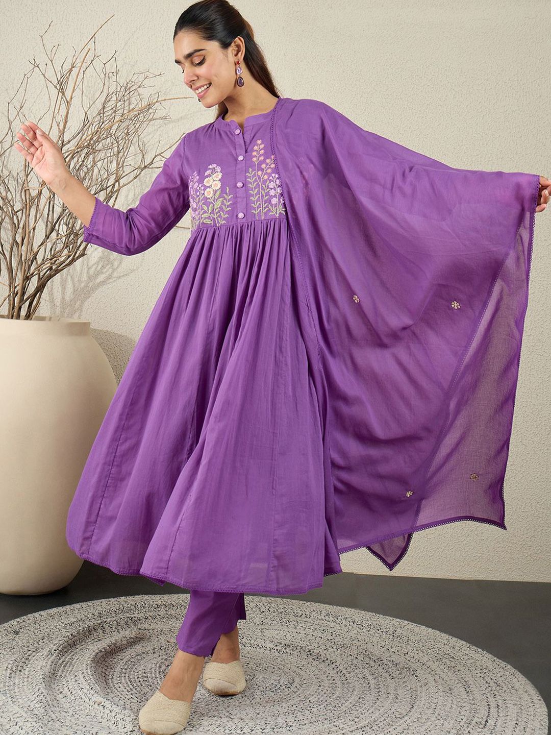 Floral Embroidered Anarkali Thread Work Pure Cotton Kurta With Trousers & Dupatta