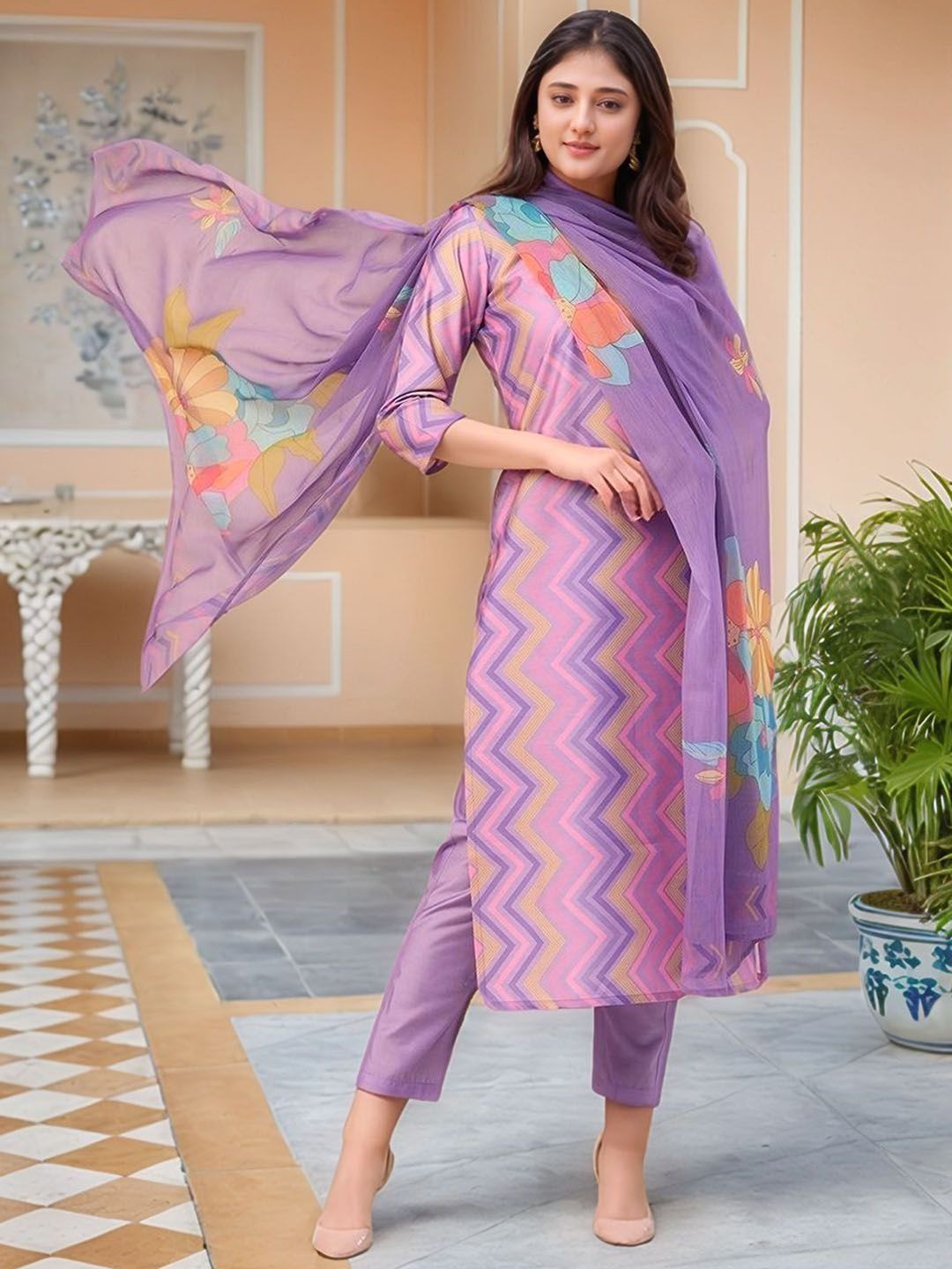 Dhiyona KL Women Striped Printed Regular Kurta with Trousers & With Dupatta