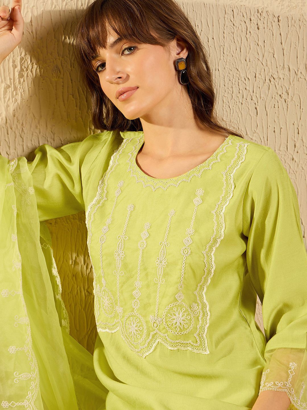 Dhiyona IE Women Ethnic Motifs Embroidered Regular Aari Work Liva Kurta with Trousers & With Dupatta