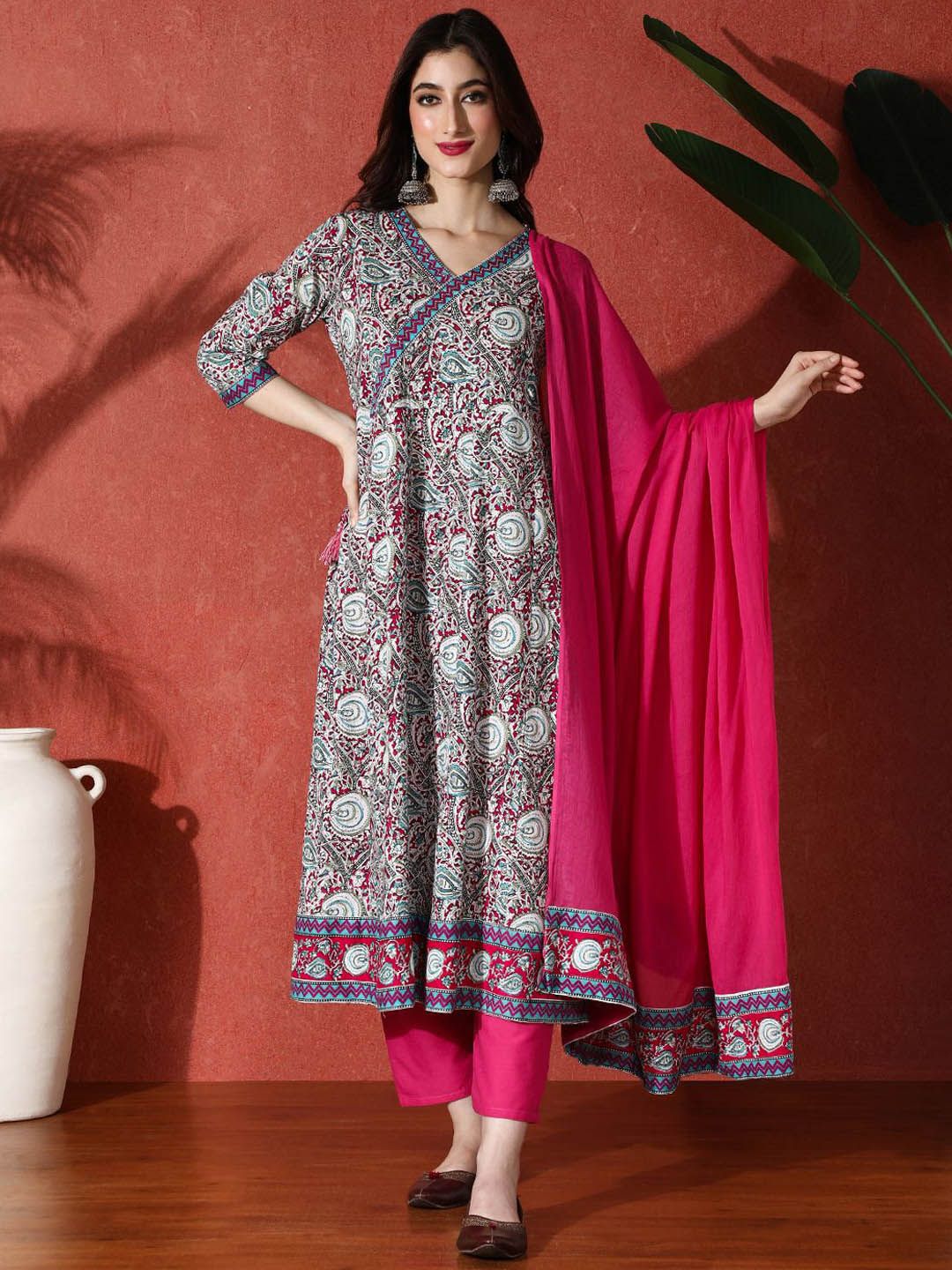 Dhiyona SN Women's Paisley Printed & Embroidered Pure Cotton A-Line Kurta & Trousers With Dupatta