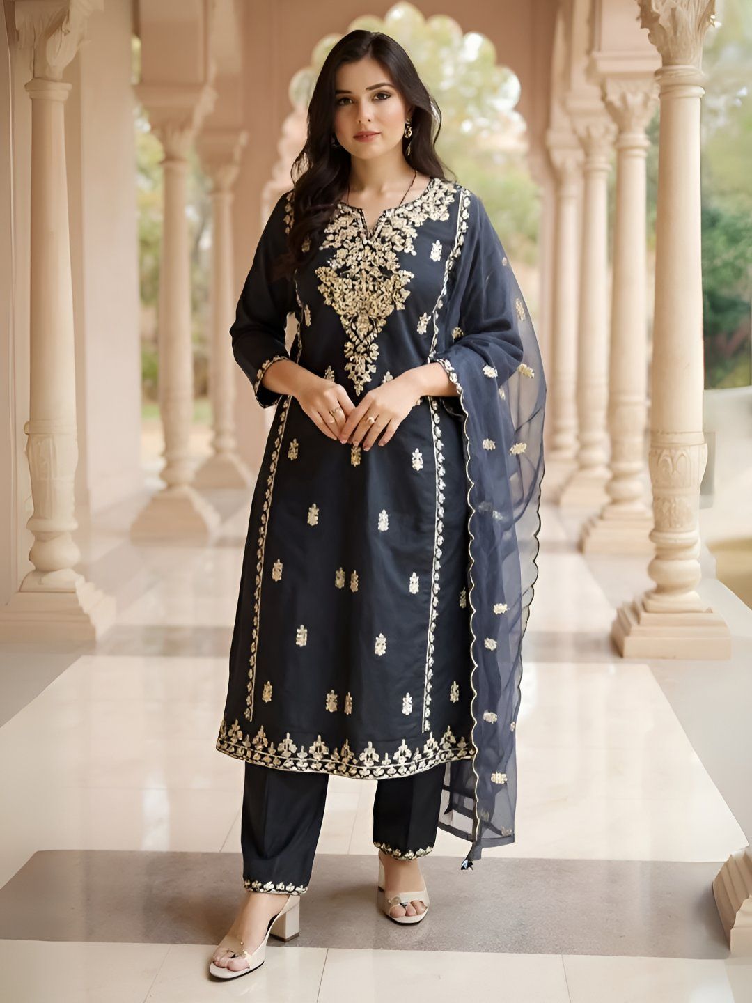 Dhiyona IE Women's Women Ethnic Motifs Embroidered Kurta with Trousers & Dupatta