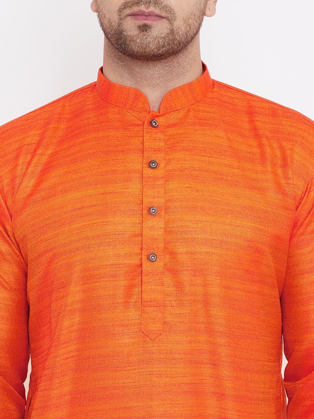 Men's Orange Silk Blend Straight Kurta Pyjama Set