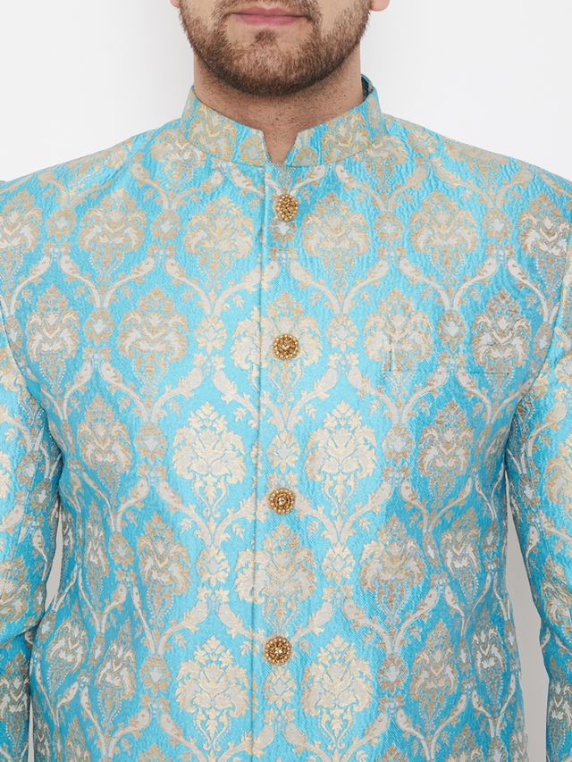 Men's Aqua Silk Blend Straight Sherwani Set