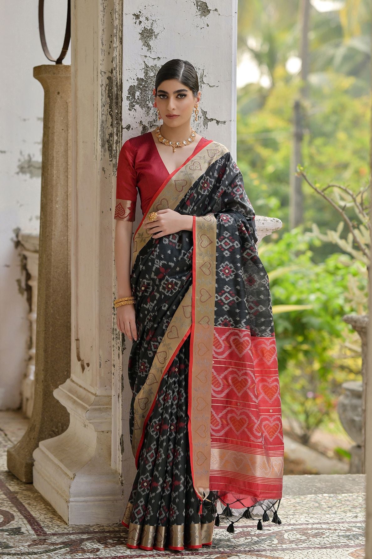 Black Red Raw Silk Saree