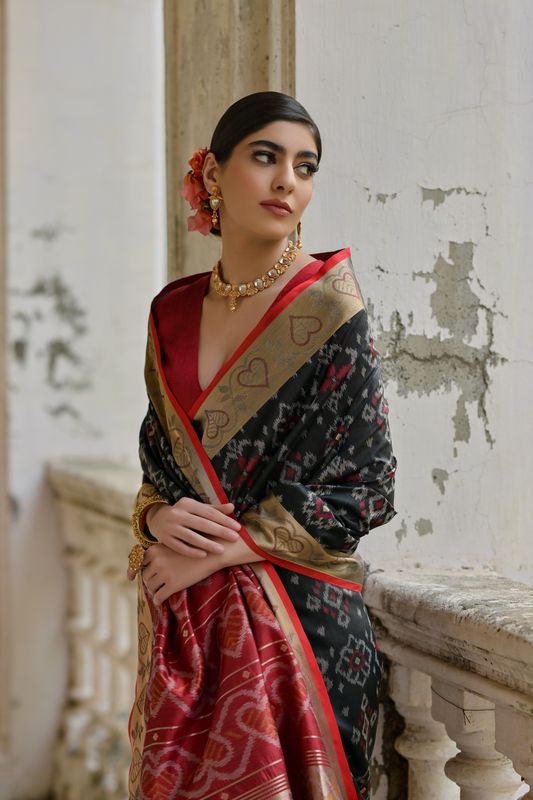 Black Red Raw Silk Saree