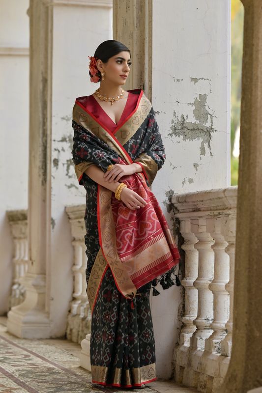 Black Red Raw Silk Saree