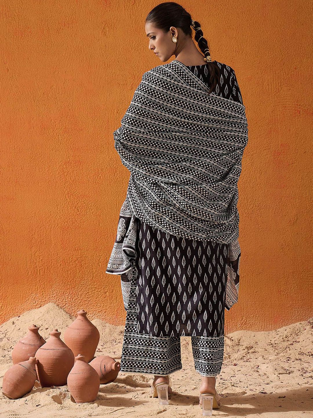 Dhiyona IE Geometric Printed Mirror Work Pure Cotton Straight Kurta With Palazzos & Dupatta