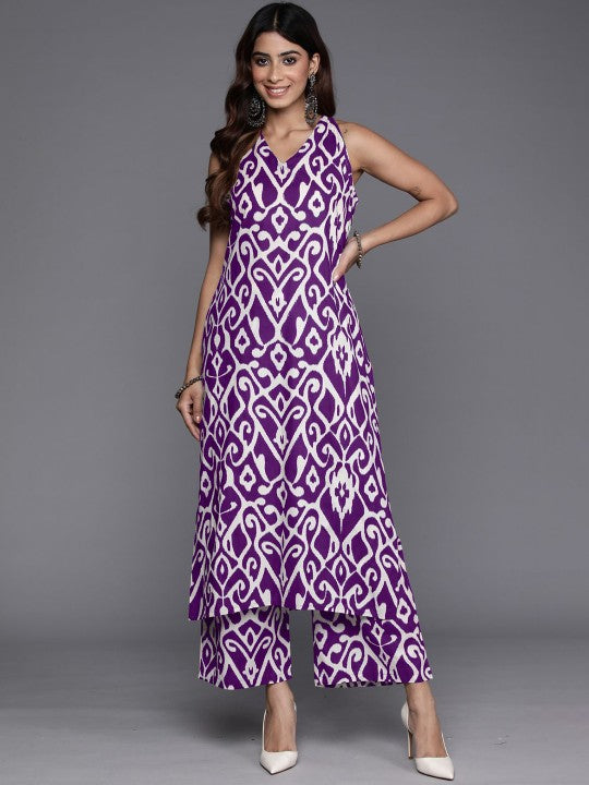 Dhiyona VR Women's Purple Ikat Printed Straight Kurta With Palazzo