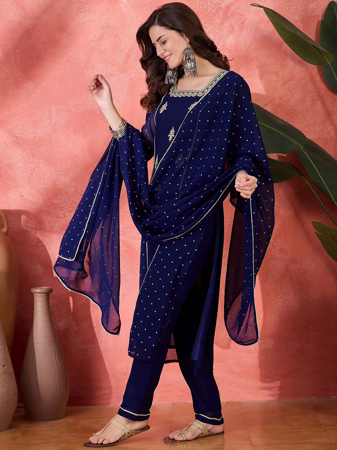 Dhiyona SN Women's Zari Sequence Thread Embroidered Straight Kurta With Trousers & Dupatta