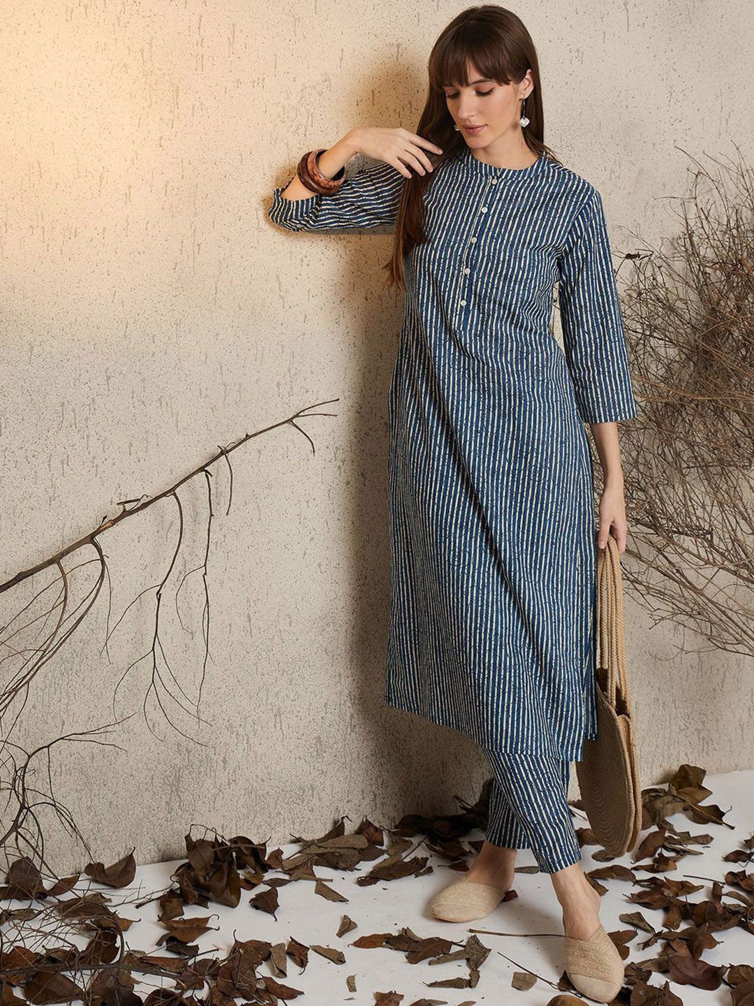Women Striped Pure Cotton Kurta with Trouser