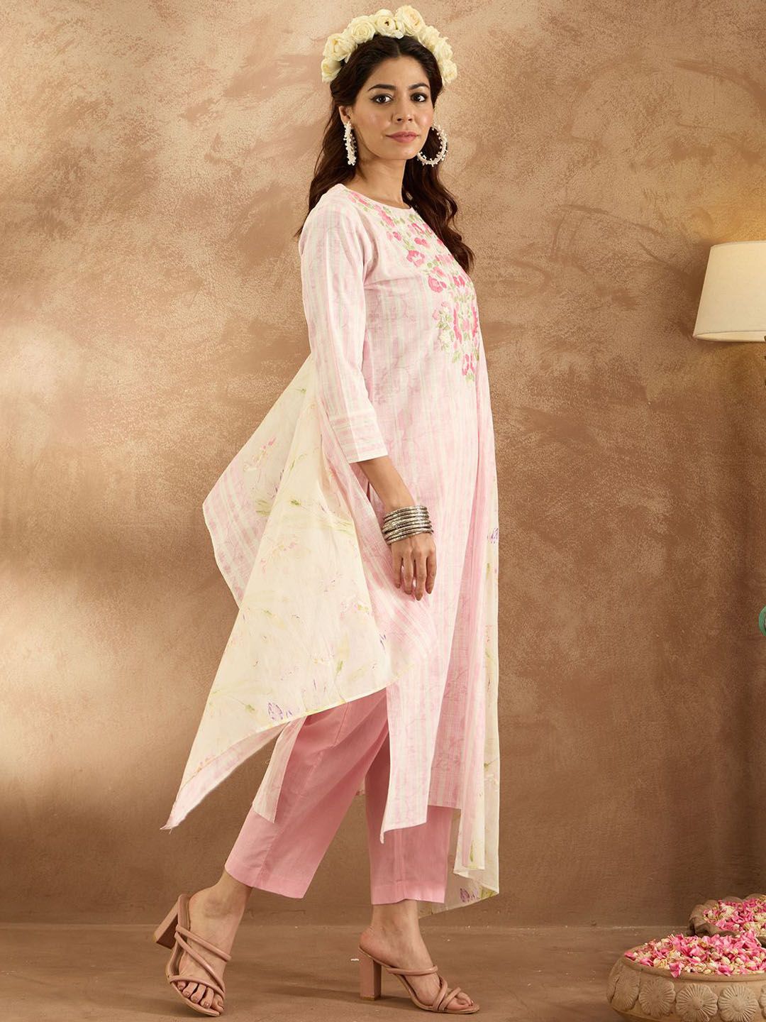 Dhiyona IE Women Floral Embroidered Thread Work Pure Cotton Kurta with Trousers & Dupatta