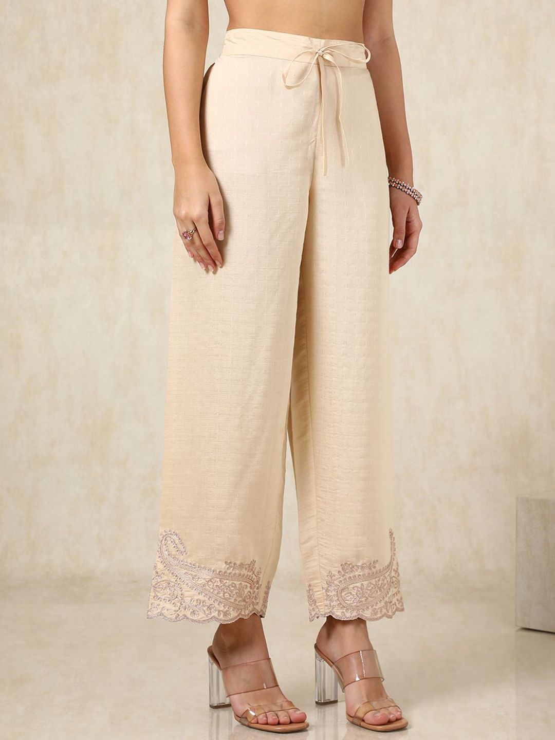 Dhiyona SO Women's Beige Paisley Embroidered Round Neck Regular Straight Kurta With Palazzo