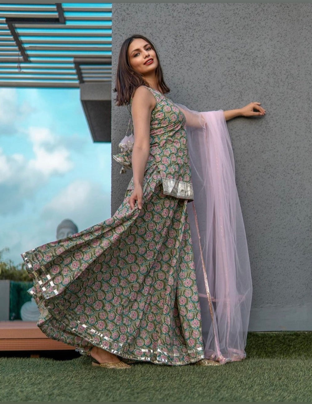 Hand Block Print Cotton Kurta Skirt Set