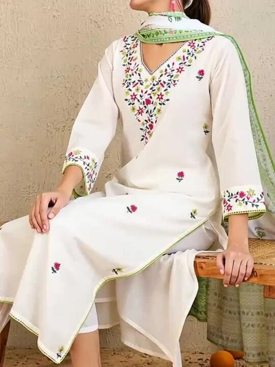 Women's Floral Embroidered Pure Cotton Kurta With Trousers & Dupatta