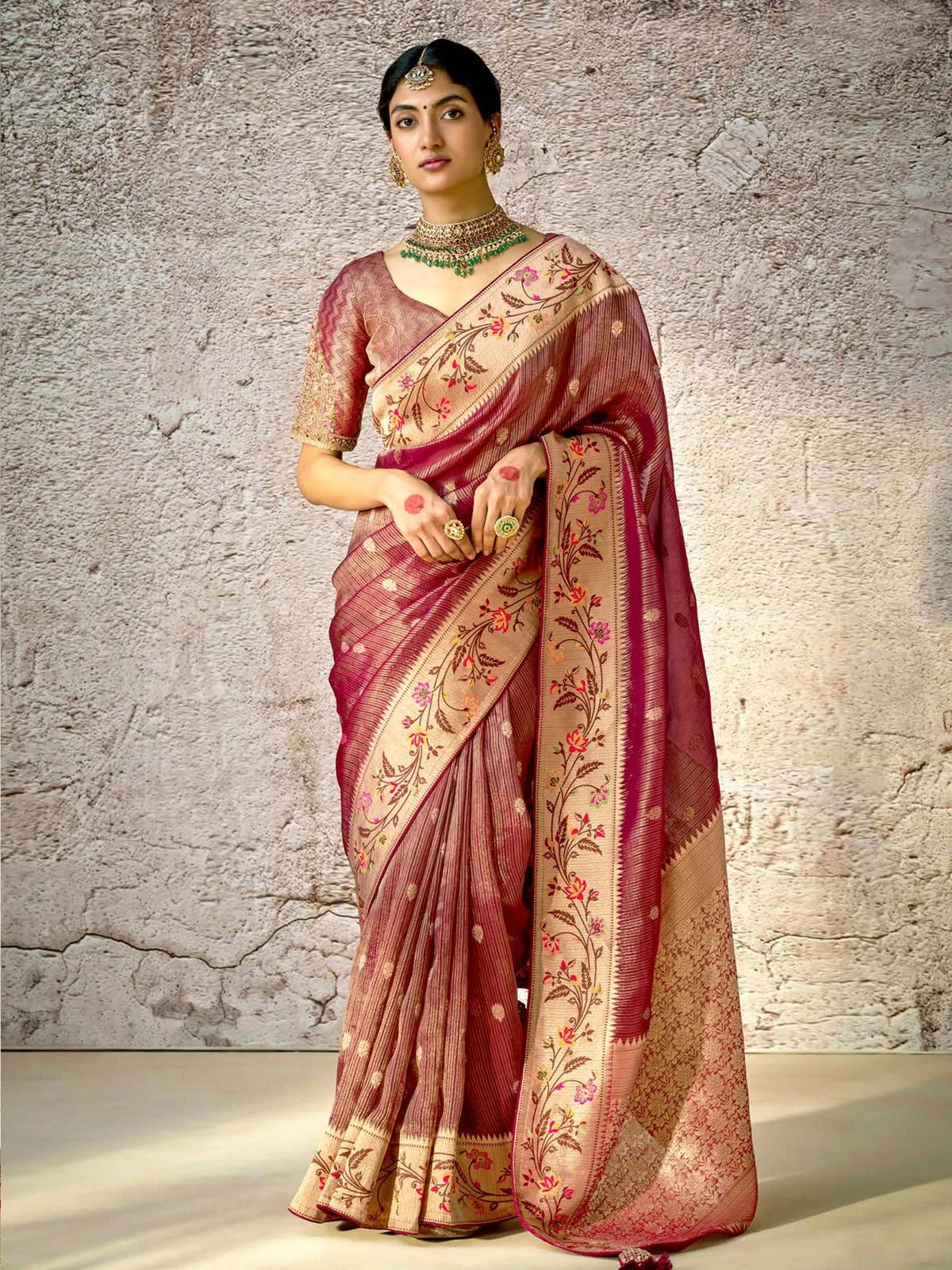 Dhiyona KM Women Elegant Rosewood Banarasi Silk Saree With Jacquard Weaving & Designer Sequin Blouse
