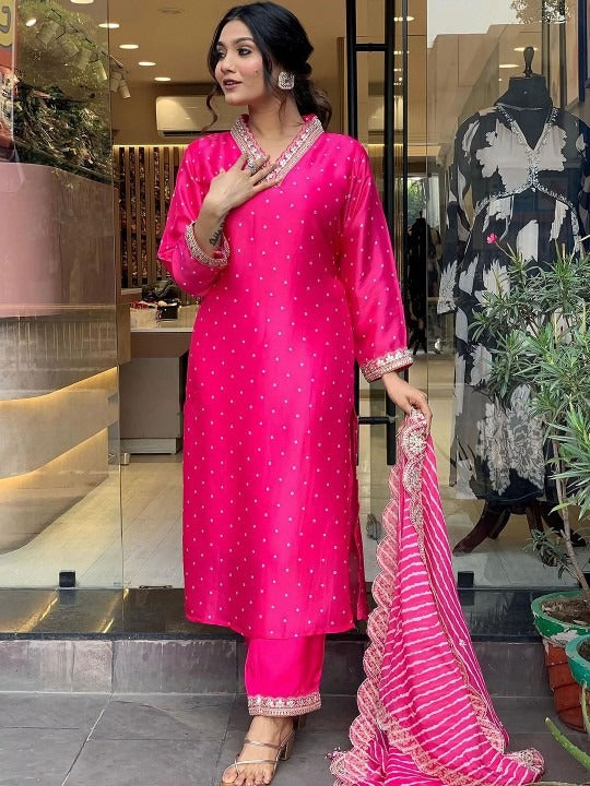 Dhiyona MT Women's Bandhani embroidered V Neck Three-Quarter Sleeves Kurta Set