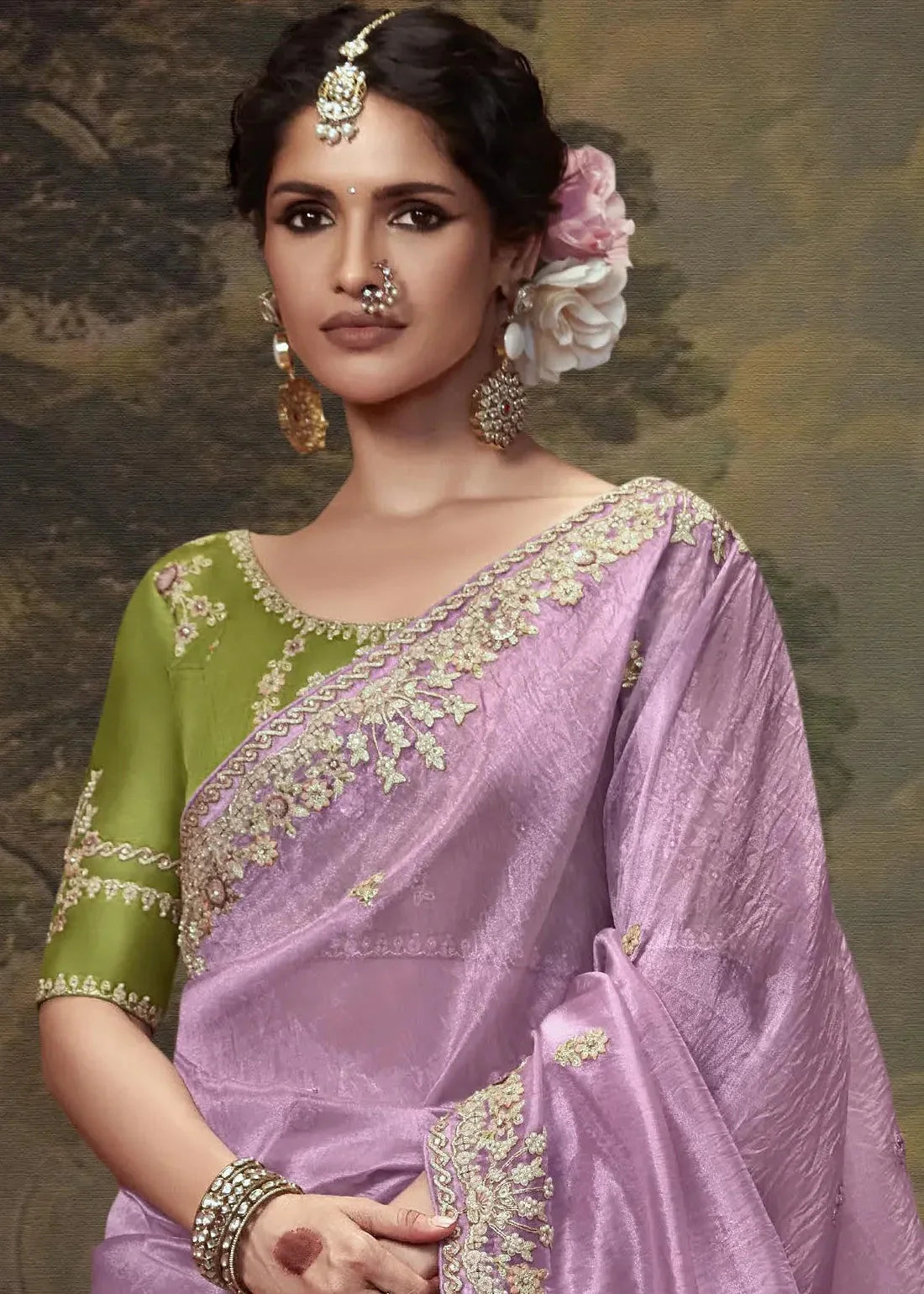 Dhiyona KM Women Lavender & Olive Green Tissue Silk Saree