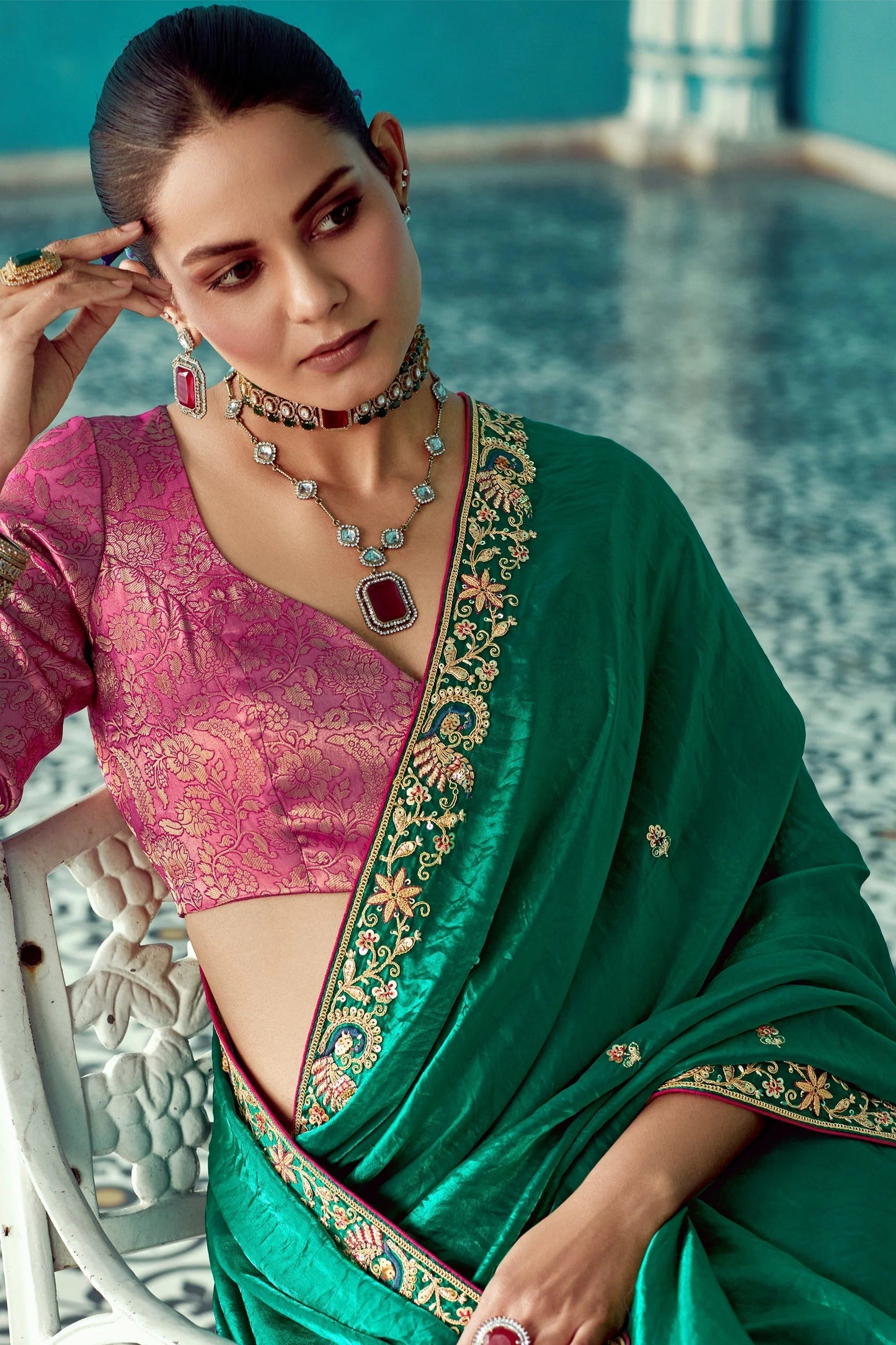 Dhiyona KM Women Green Embroidery Pure Tissue Silk Saree With Red Blouse & Crush Fabric