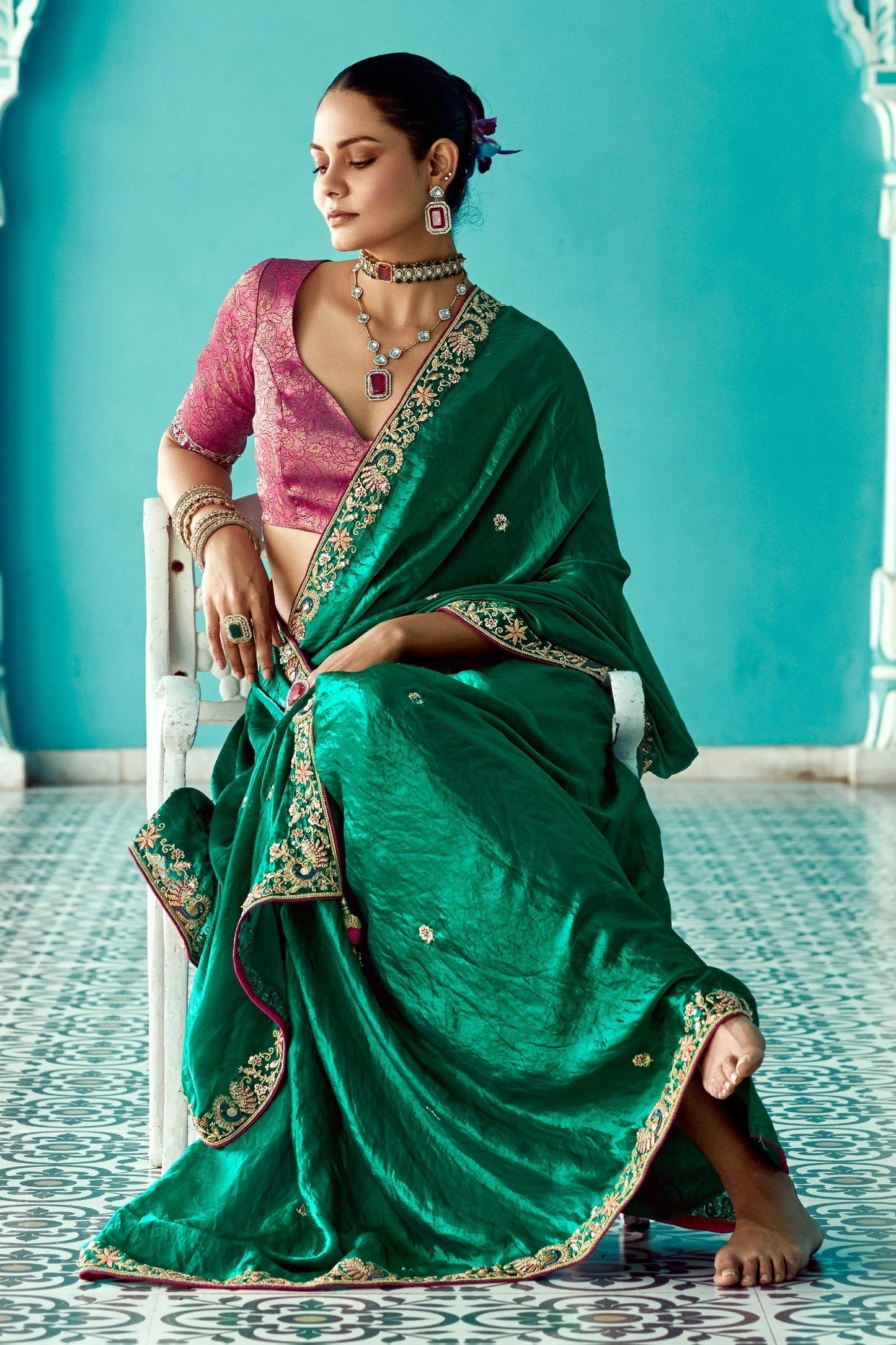 Dhiyona KM Women Green Embroidery Pure Tissue Silk Saree With Red Blouse & Crush Fabric