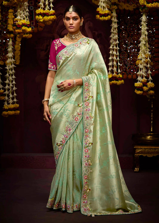 Dhiyona KM Women Elegant Sea Green Banarasi Silk Saree With Floral Weaving, Sequin, Opal & Parrot Motifs