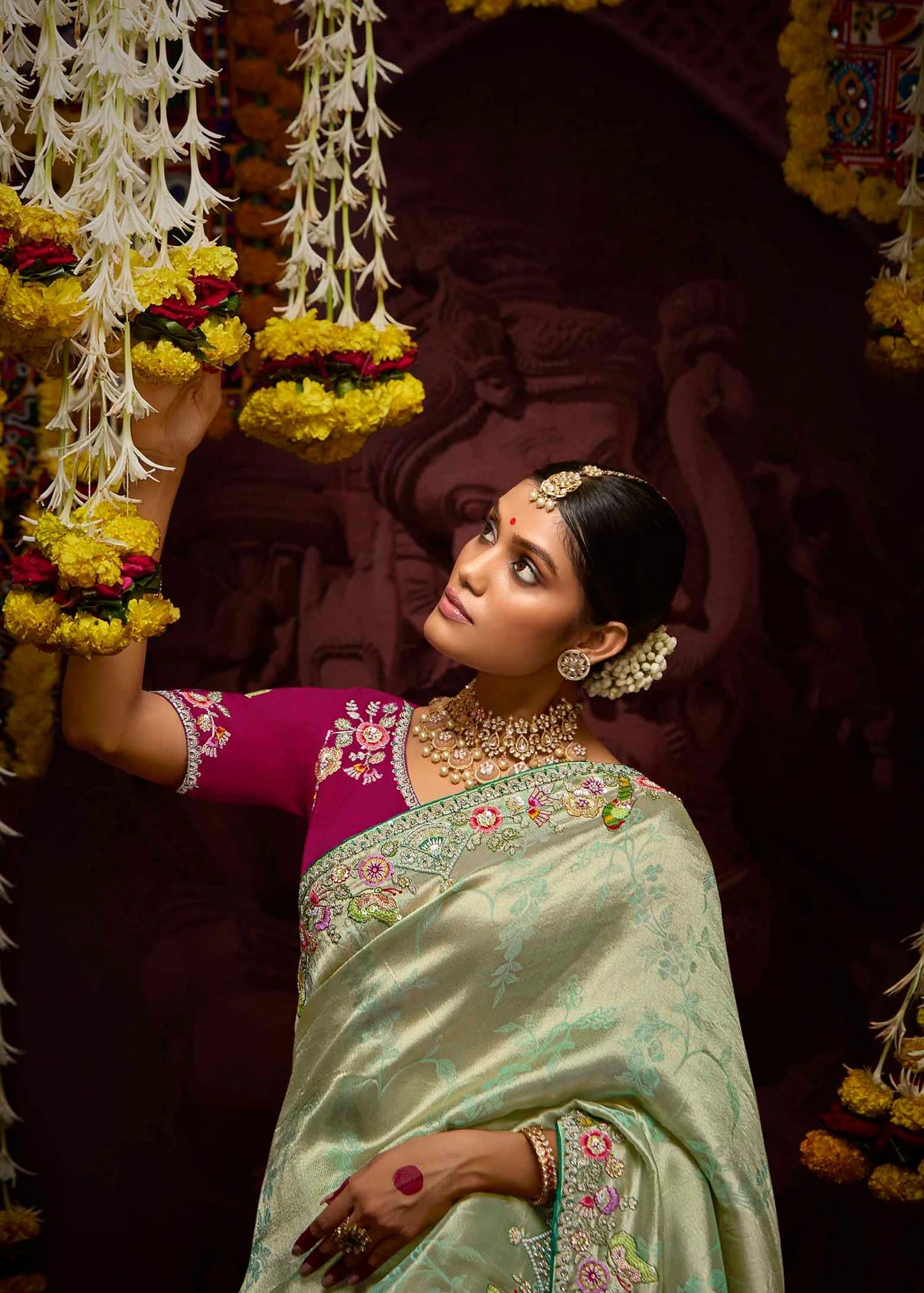 Dhiyona KM Women Elegant Sea Green Banarasi Silk Saree With Floral Weaving, Sequin, Opal & Parrot Motifs