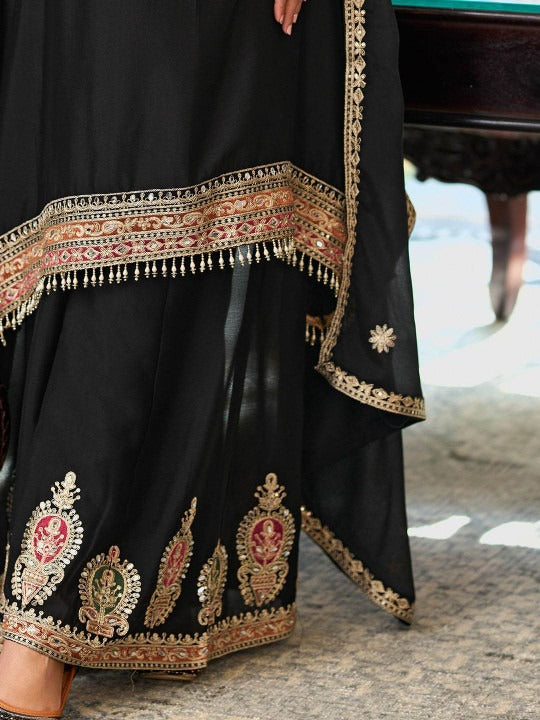 Dhiyona IE Women's Embroidered Mirror Work Straight Kurta With Palazzos & Dupatta