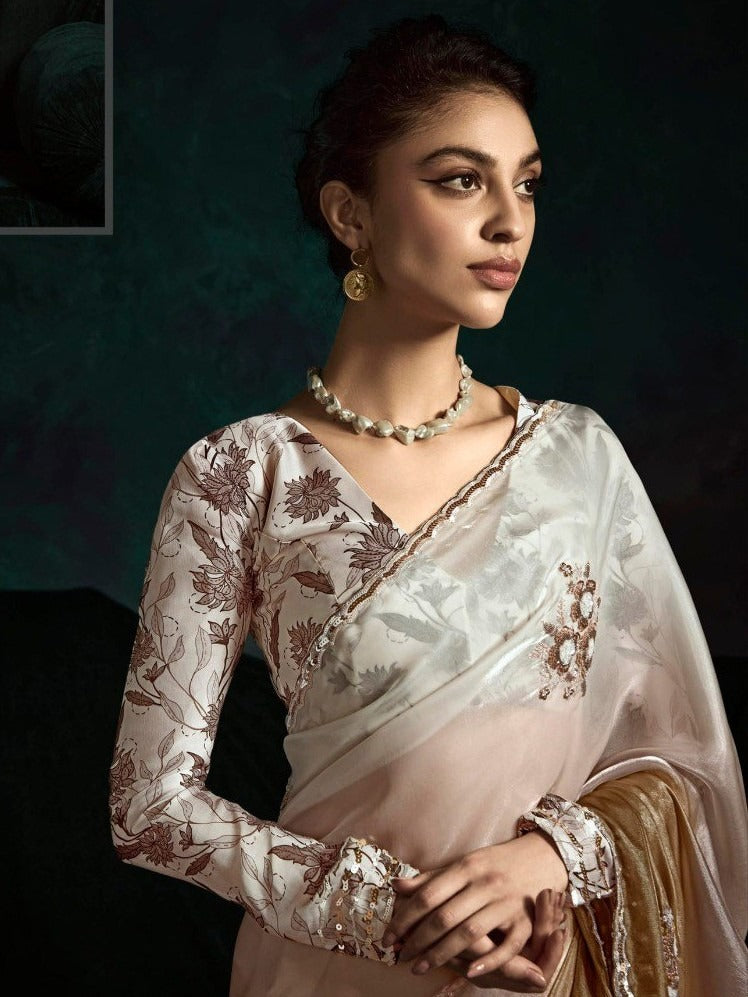 Dhiyona KM Women Elegant Cream And White Dual Shade Saree With Stylish Printed Blouse