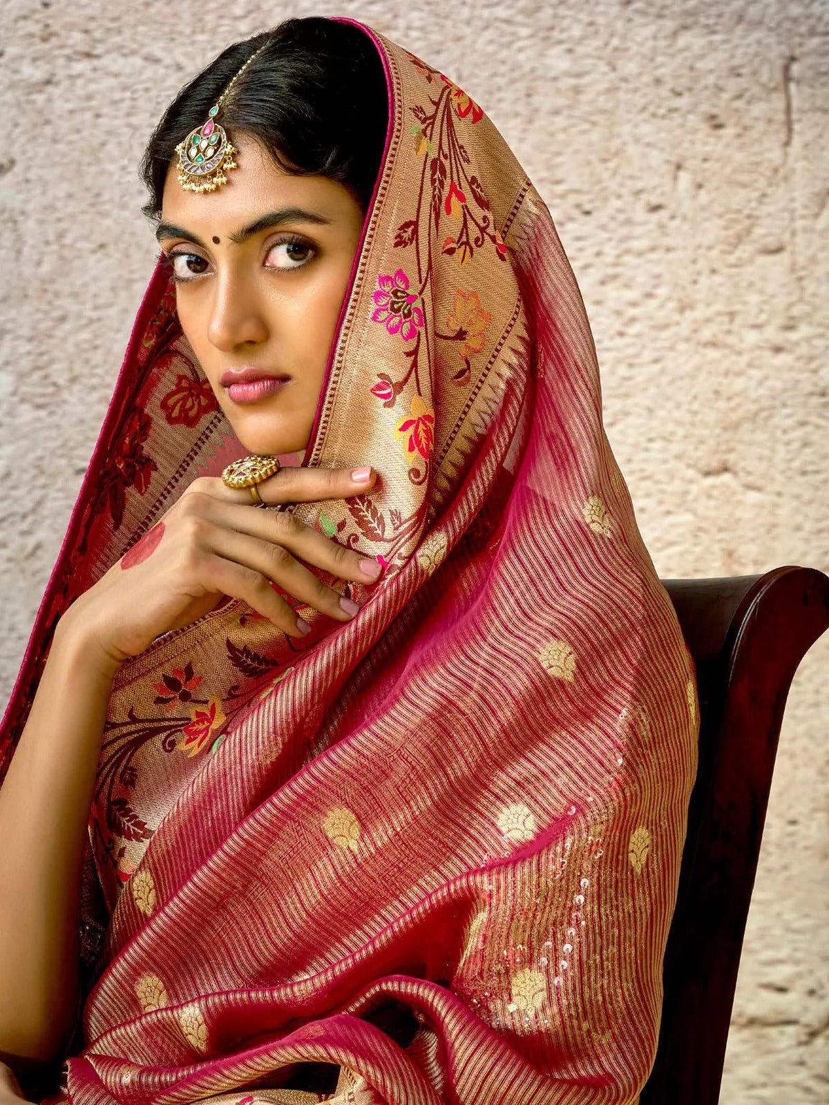 Dhiyona KM Women Elegant Rosewood Banarasi Silk Saree With Jacquard Weaving & Designer Sequin Blouse
