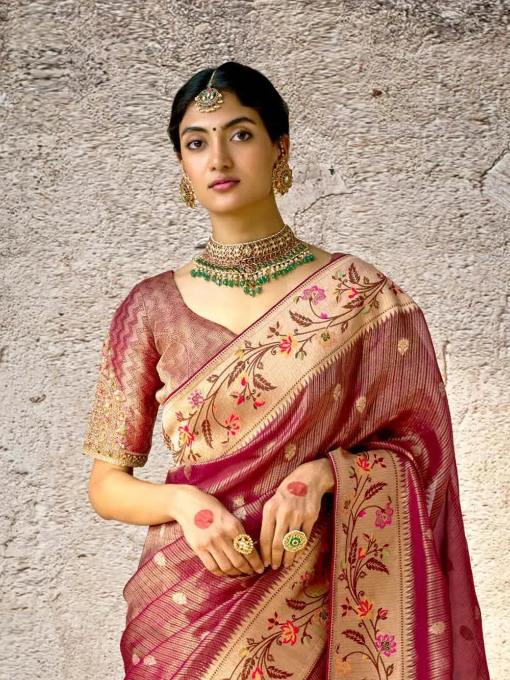 Dhiyona KM Women Elegant Rosewood Banarasi Silk Saree With Jacquard Weaving & Designer Sequin Blouse
