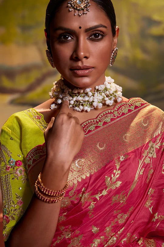 Dhiyona KM Women Regal Red Pure Silk Saree With Intricate Golden Zari Work & Contrasting Green Blouse