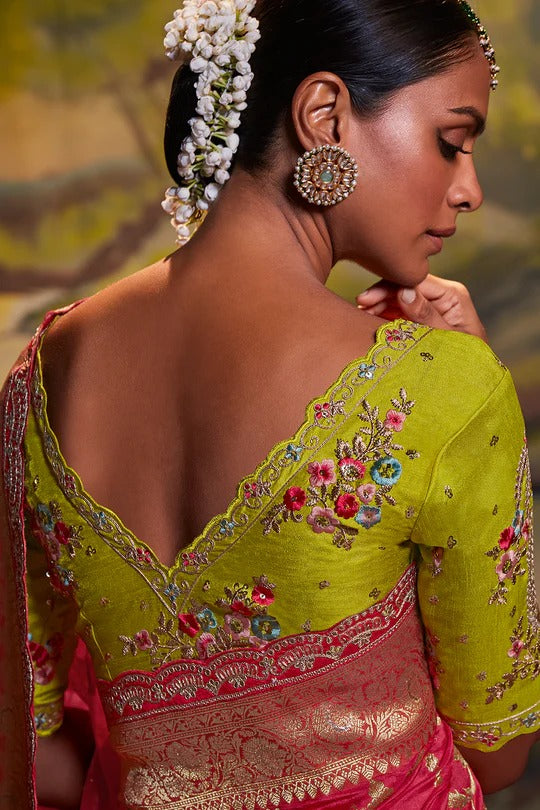 Dhiyona KM Women Regal Red Pure Silk Saree With Intricate Golden Zari Work & Contrasting Green Blouse