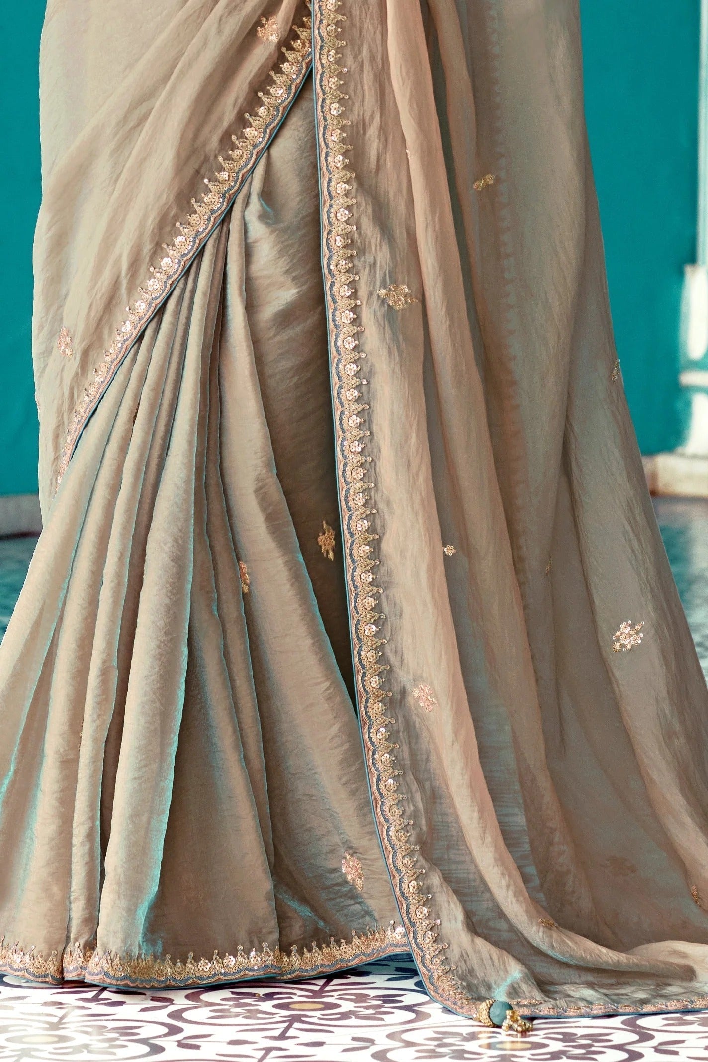 Dhiyona KM Women Beige Embroidery Tissue Silk Saree With Sea Green Blouse
