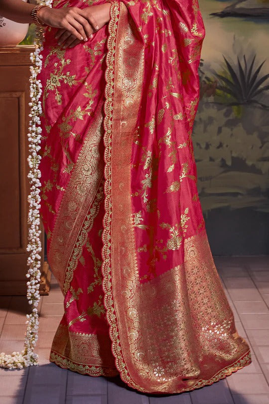 Dhiyona KM Women Regal Red Pure Silk Saree With Intricate Golden Zari Work & Contrasting Green Blouse