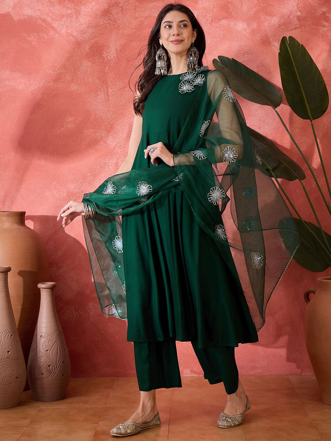 Dhiyona SN Women's Sequinned A-Line Kurta & Palazzo With Dupatta