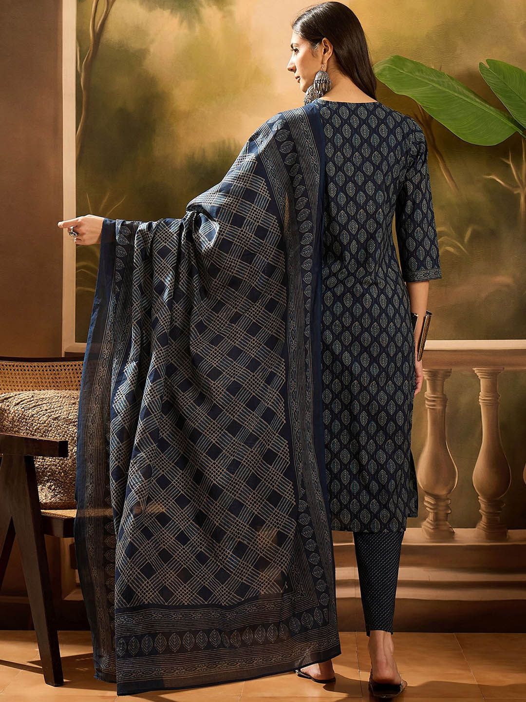 Dhiyona SN Women's Floral Printed Pure Cotton Straight Kurta With Trousers & Dupatta