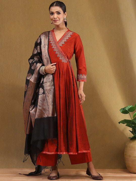 Women's Rust Embroidered Angrakha Festive Anarkali Suit Set