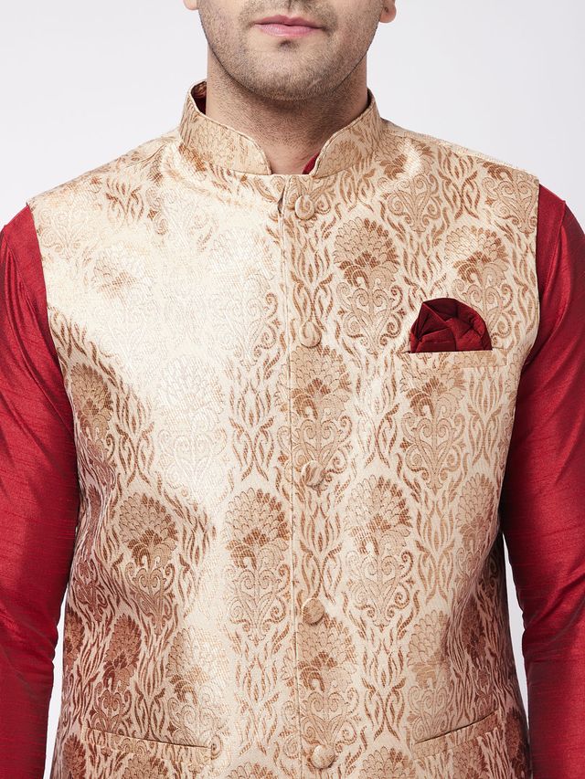 Men's Maroon Silk Blend Straight Jacket Kurta and Dhoti Set