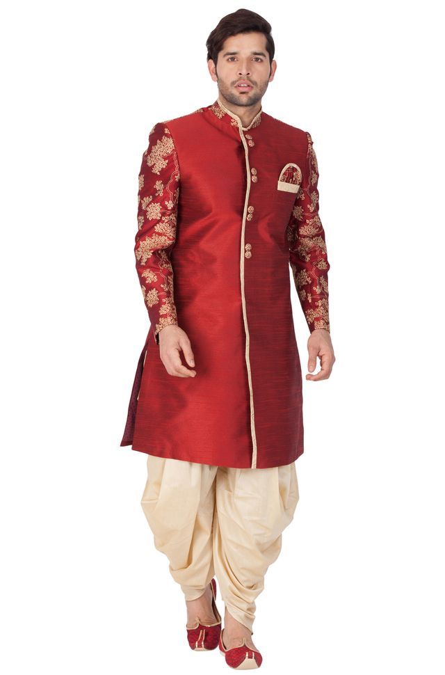Men's Maroon Silk Blend Regular Sherwani Set