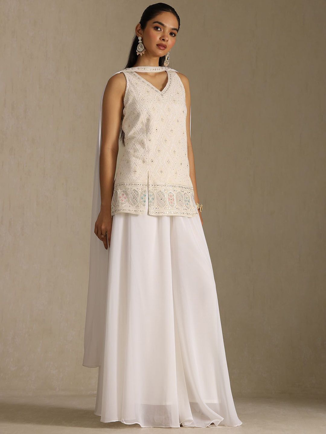 Dhiyona SO Women's Ethnic Motifs Embroidered V-Neck Mirror Work Georgette Kurta With Palazzos & Dupatta