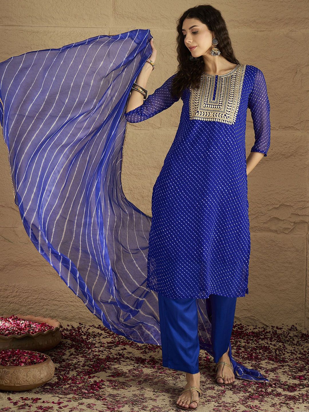 Dhiyona VA Women'sBandhani Printed Silk Georgette Round Neck Straight Kurta With Trousers & Dupatta