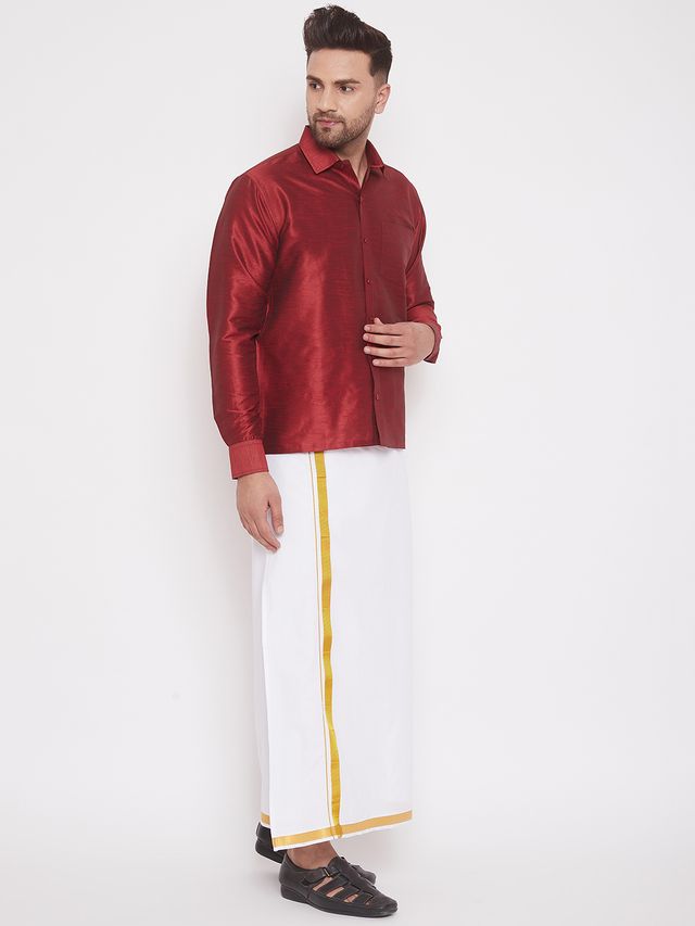 Men's Maroon Silk Blend Straight Shirt And Mundu