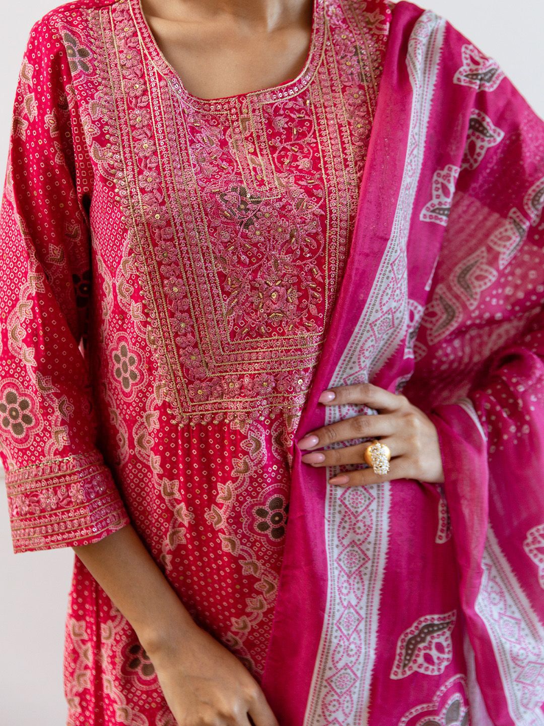 Dhiyona IS Women's Floral Embroidered Sequinned Kurta With Palazzos & Dupatta