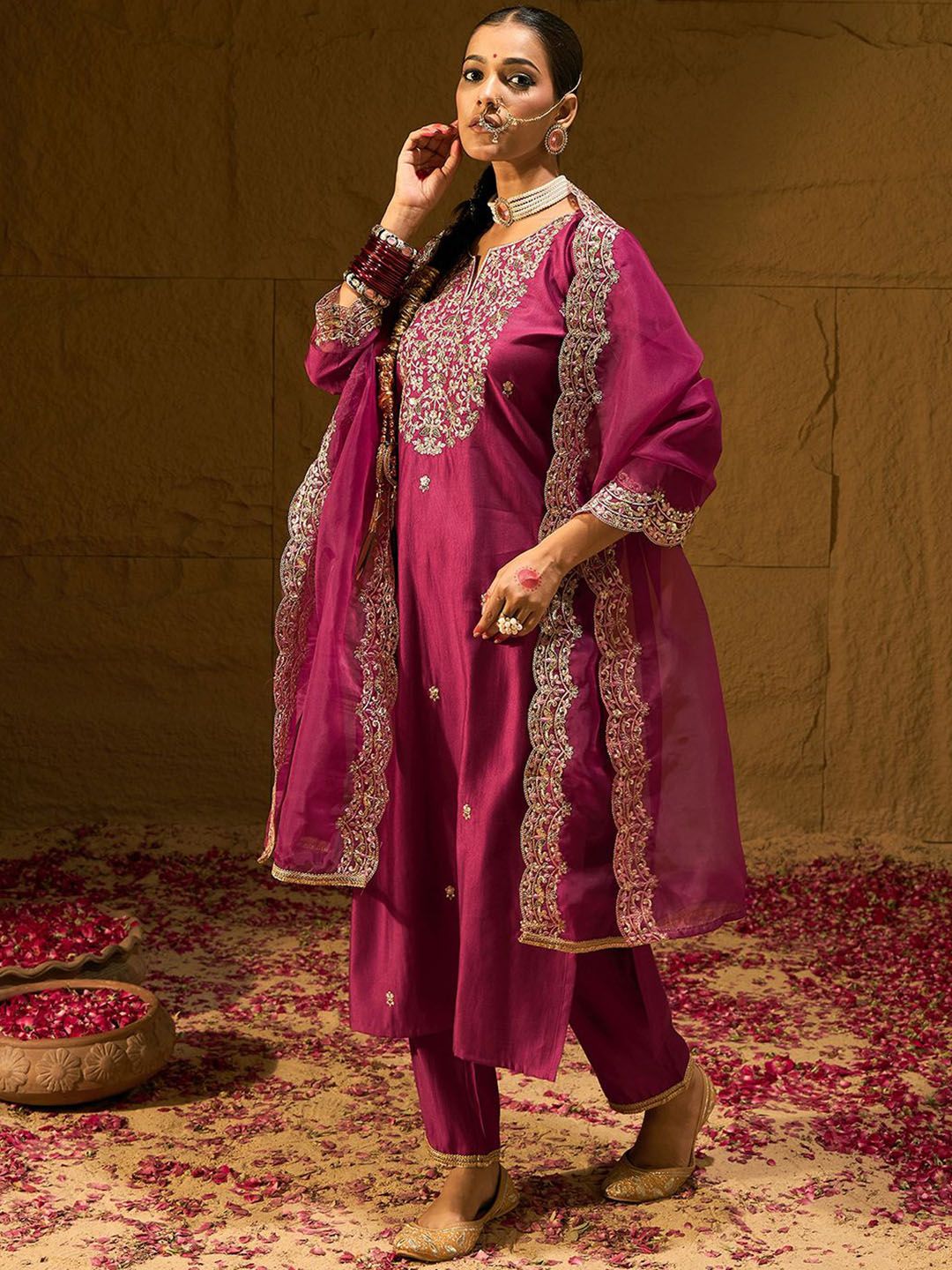 Dhiyona IE Floral Embroidered Straight Sequinned Liva Kurta with Trousers & Dupatta